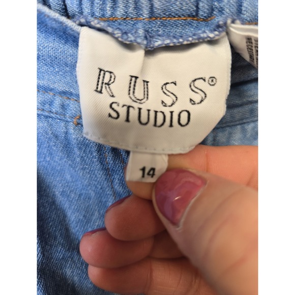 Vintage Russ Studio Women's Denim Midi Skirt Button Front Elastic Waist Size 14 - Picture 2 of 8